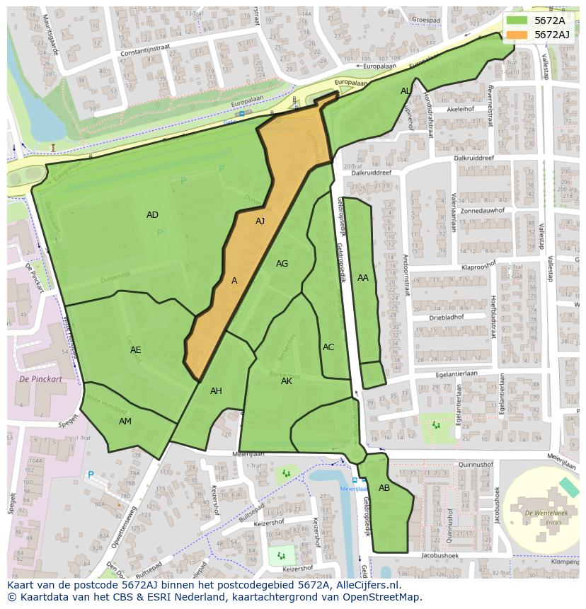 Afbeelding van het postcodegebied 5672 AJ op de kaart.
