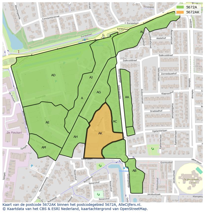 Afbeelding van het postcodegebied 5672 AK op de kaart.