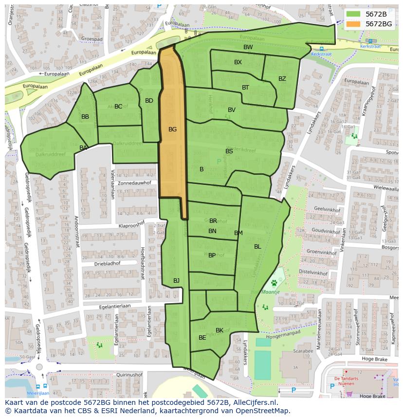 Afbeelding van het postcodegebied 5672 BG op de kaart.