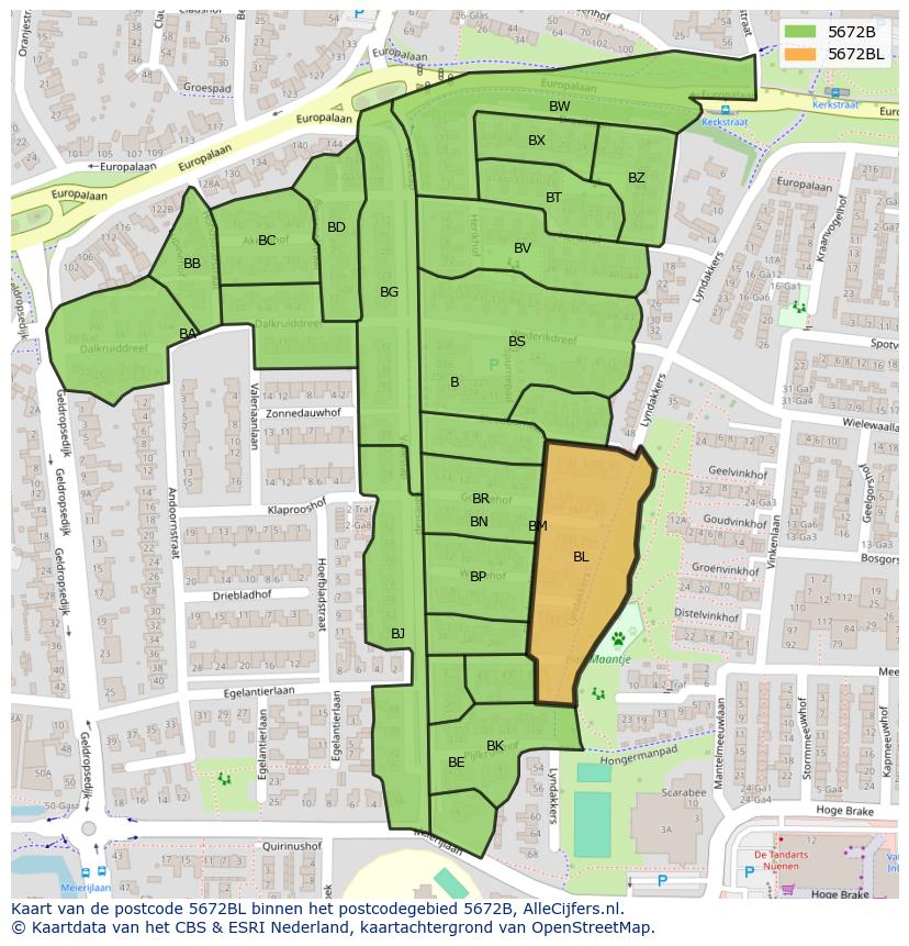 Afbeelding van het postcodegebied 5672 BL op de kaart.