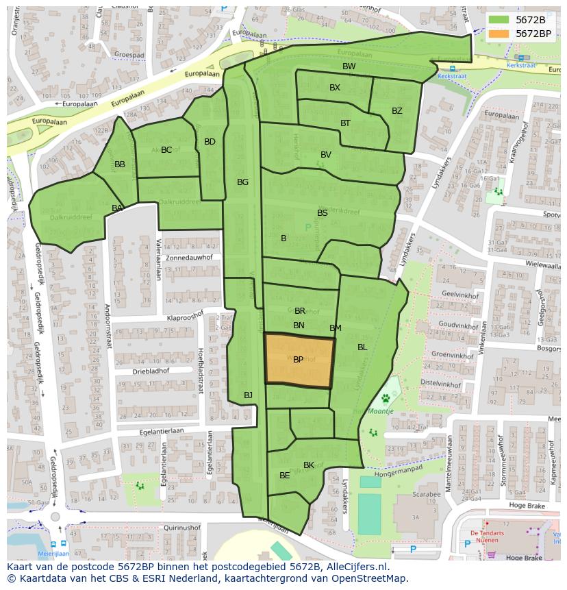 Afbeelding van het postcodegebied 5672 BP op de kaart.
