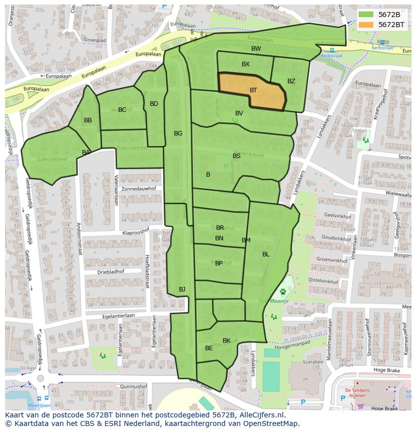 Afbeelding van het postcodegebied 5672 BT op de kaart.