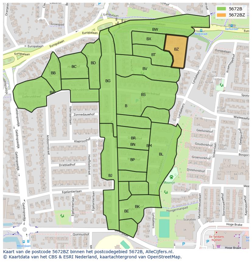Afbeelding van het postcodegebied 5672 BZ op de kaart.