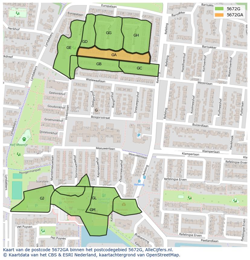 Afbeelding van het postcodegebied 5672 GA op de kaart.