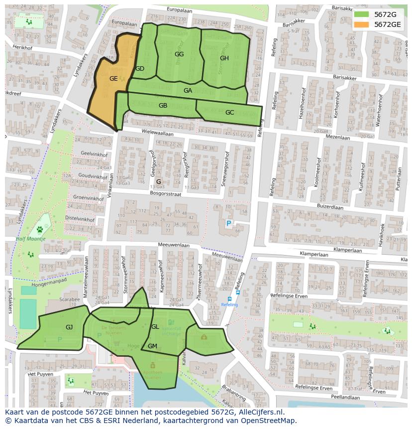 Afbeelding van het postcodegebied 5672 GE op de kaart.
