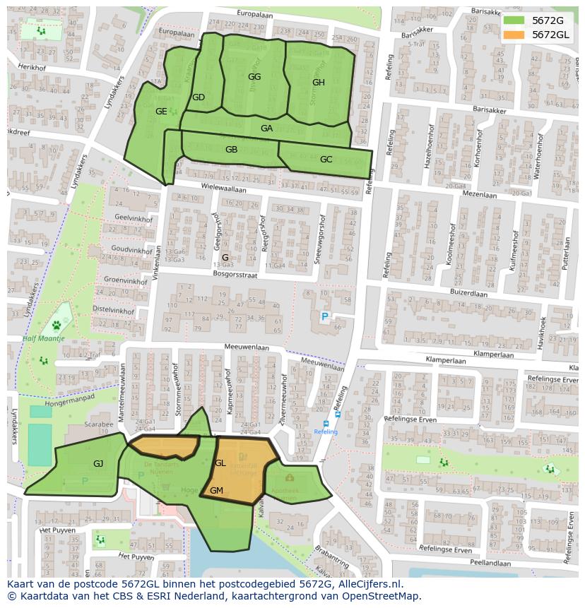 Afbeelding van het postcodegebied 5672 GL op de kaart.