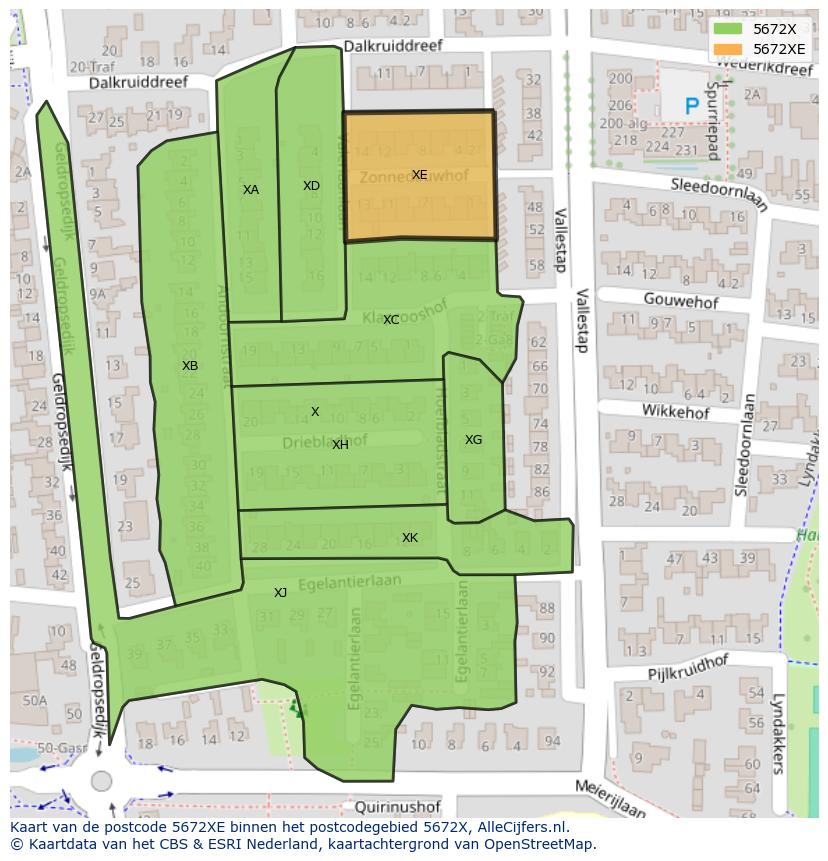 Afbeelding van het postcodegebied 5672 XE op de kaart.