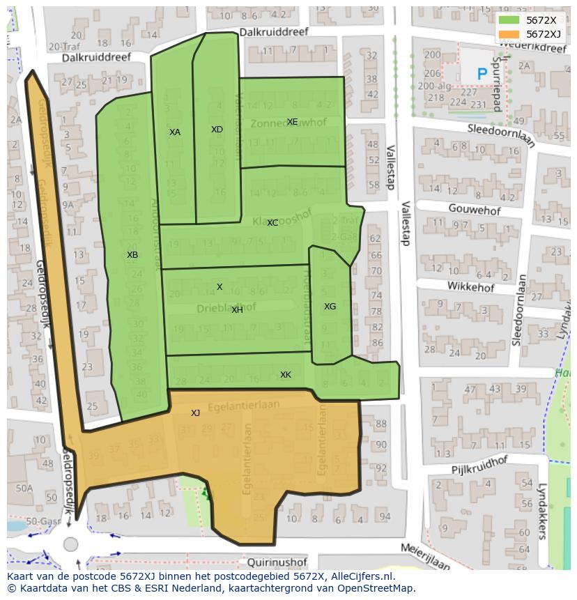 Afbeelding van het postcodegebied 5672 XJ op de kaart.