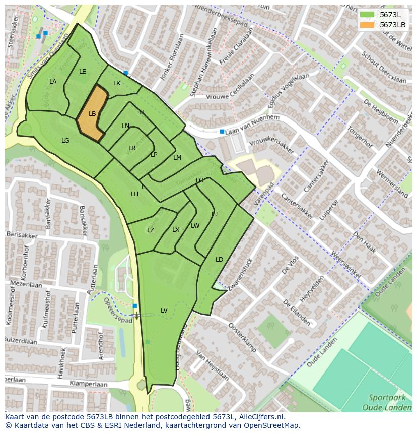 Afbeelding van het postcodegebied 5673 LB op de kaart.