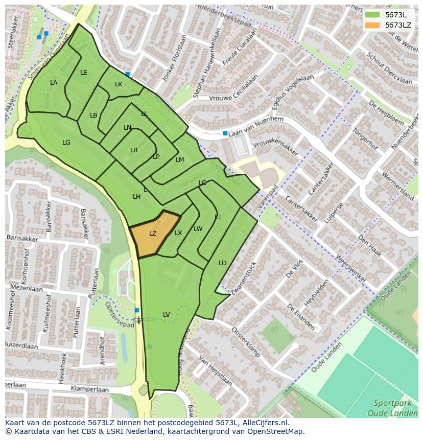 Afbeelding van het postcodegebied 5673 LZ op de kaart.