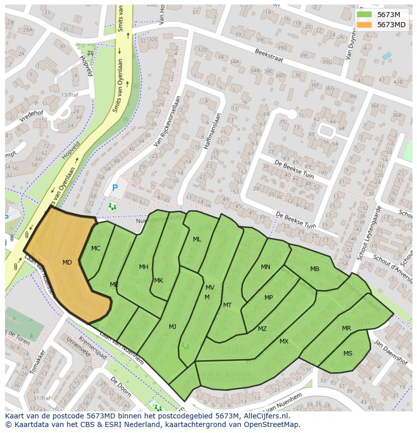 Afbeelding van het postcodegebied 5673 MD op de kaart.