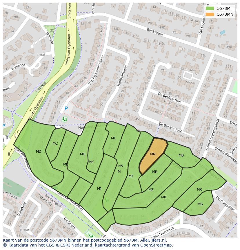 Afbeelding van het postcodegebied 5673 MN op de kaart.