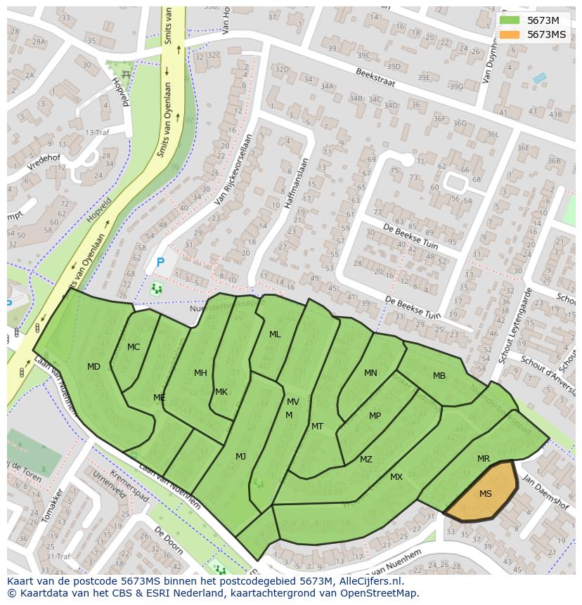 Afbeelding van het postcodegebied 5673 MS op de kaart.