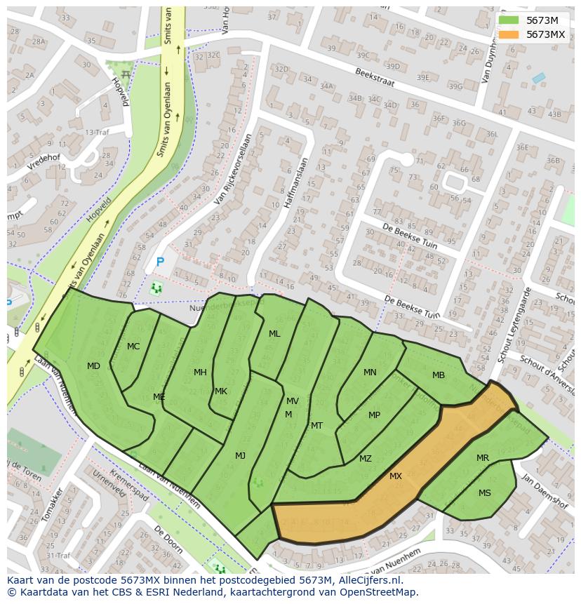 Afbeelding van het postcodegebied 5673 MX op de kaart.