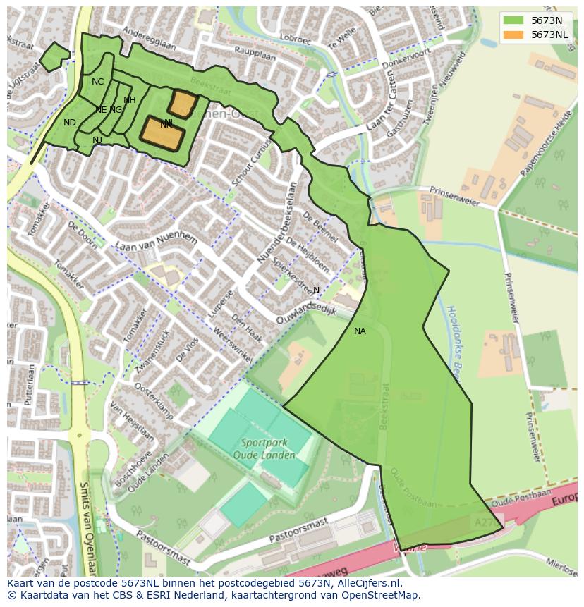 Afbeelding van het postcodegebied 5673 NL op de kaart.