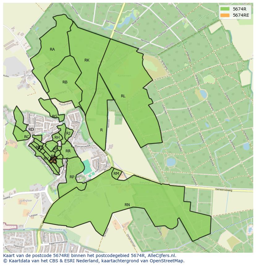 Afbeelding van het postcodegebied 5674 RE op de kaart.