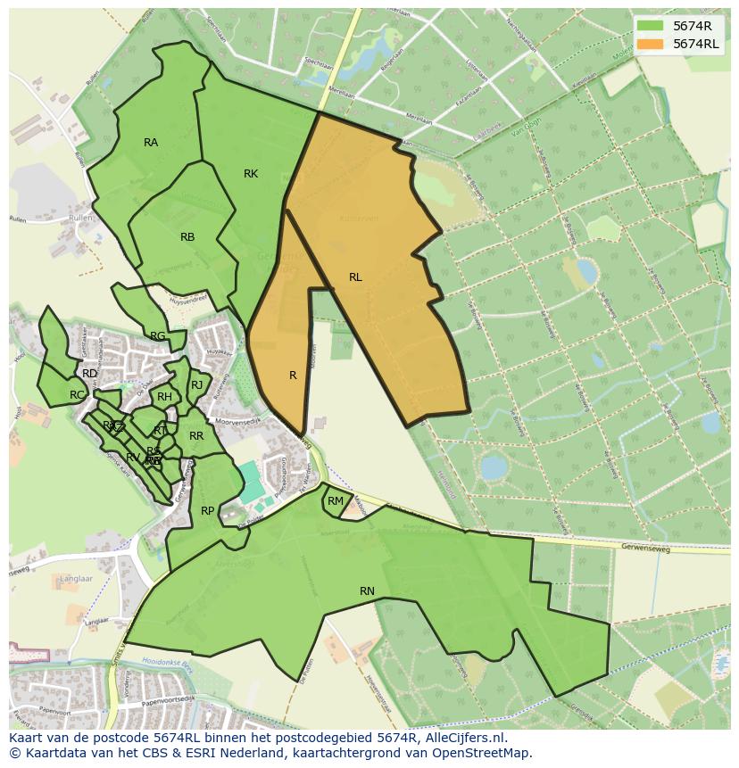 Afbeelding van het postcodegebied 5674 RL op de kaart.