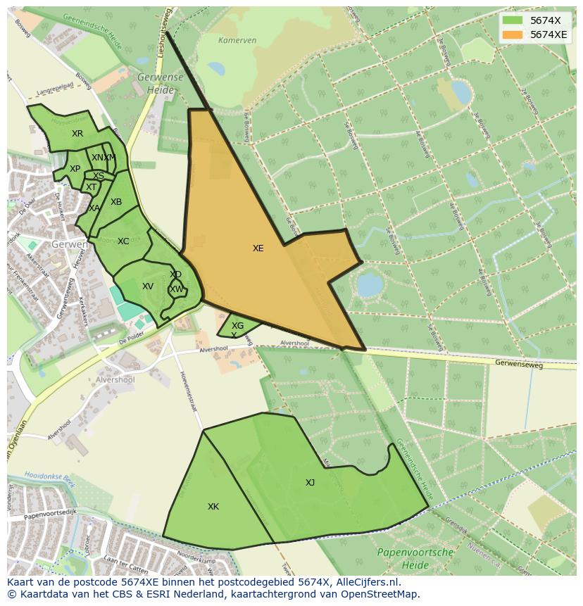 Afbeelding van het postcodegebied 5674 XE op de kaart.