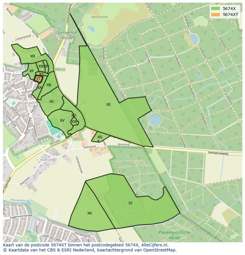 Afbeelding van het postcodegebied 5674 XT op de kaart.