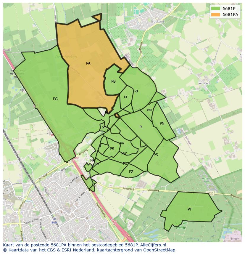 Afbeelding van het postcodegebied 5681 PA op de kaart.