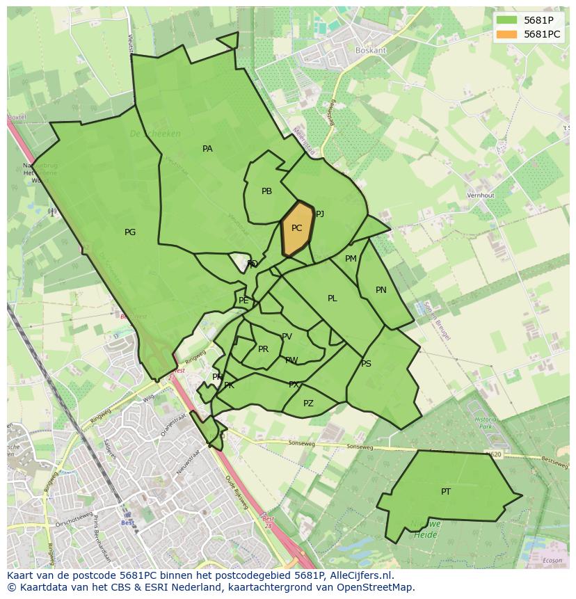 Afbeelding van het postcodegebied 5681 PC op de kaart.