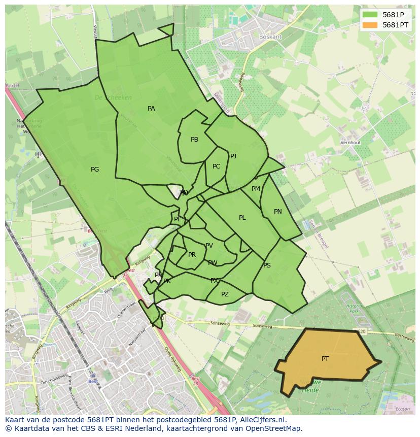Afbeelding van het postcodegebied 5681 PT op de kaart.