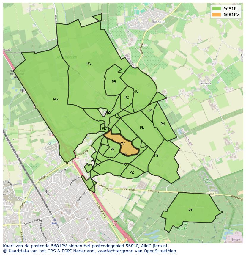 Afbeelding van het postcodegebied 5681 PV op de kaart.