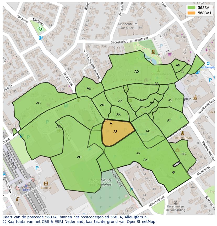 Afbeelding van het postcodegebied 5683 AJ op de kaart.