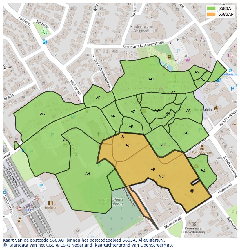 Afbeelding van het postcodegebied 5683 AP op de kaart.