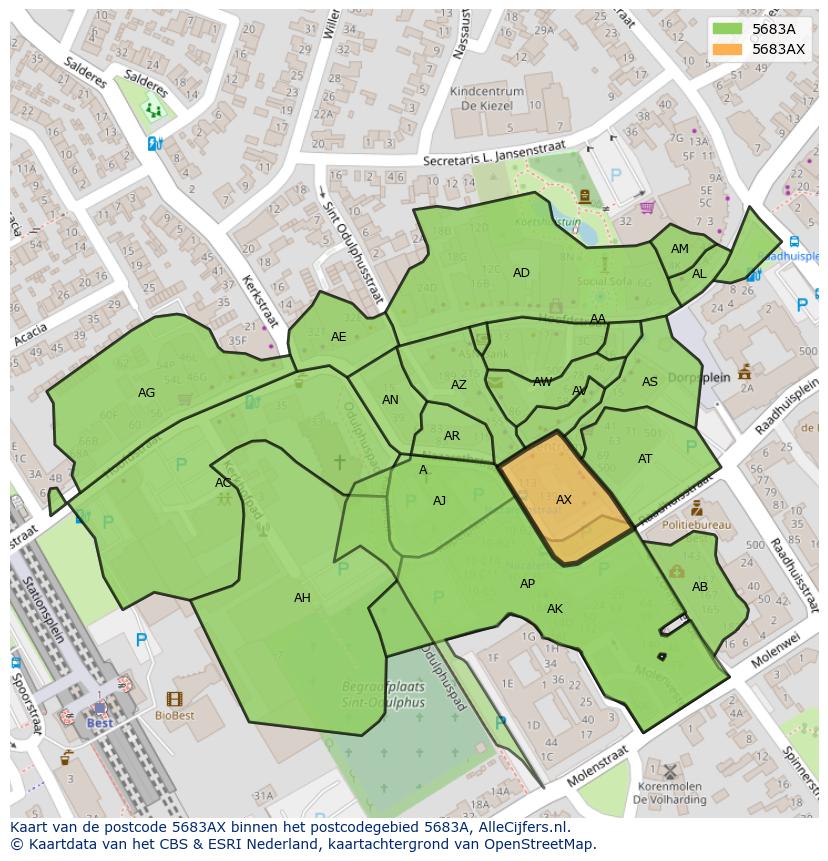Afbeelding van het postcodegebied 5683 AX op de kaart.