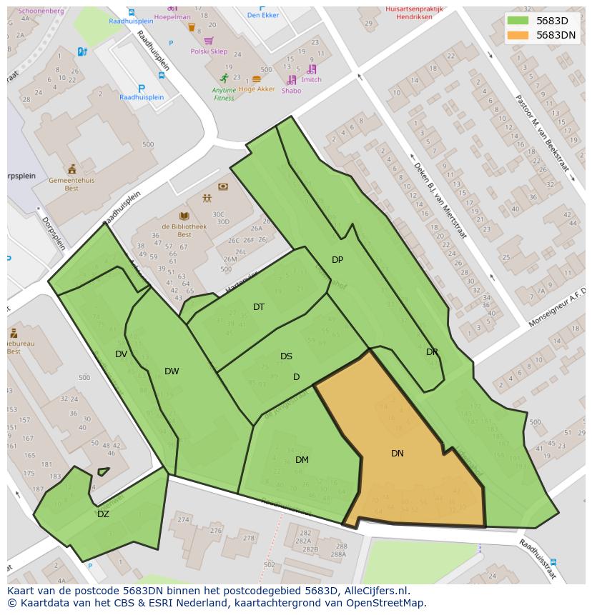 Afbeelding van het postcodegebied 5683 DN op de kaart.