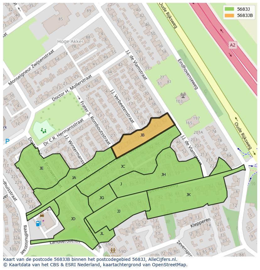 Afbeelding van het postcodegebied 5683 JB op de kaart.