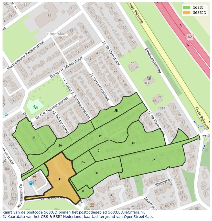 Afbeelding van het postcodegebied 5683 JD op de kaart.