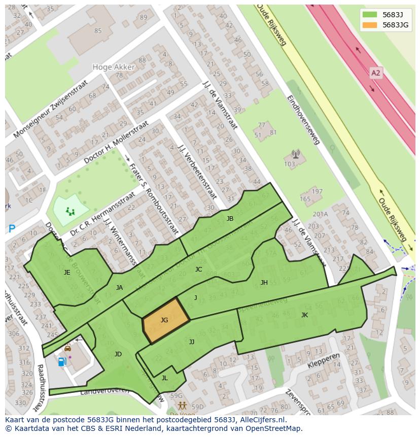 Afbeelding van het postcodegebied 5683 JG op de kaart.