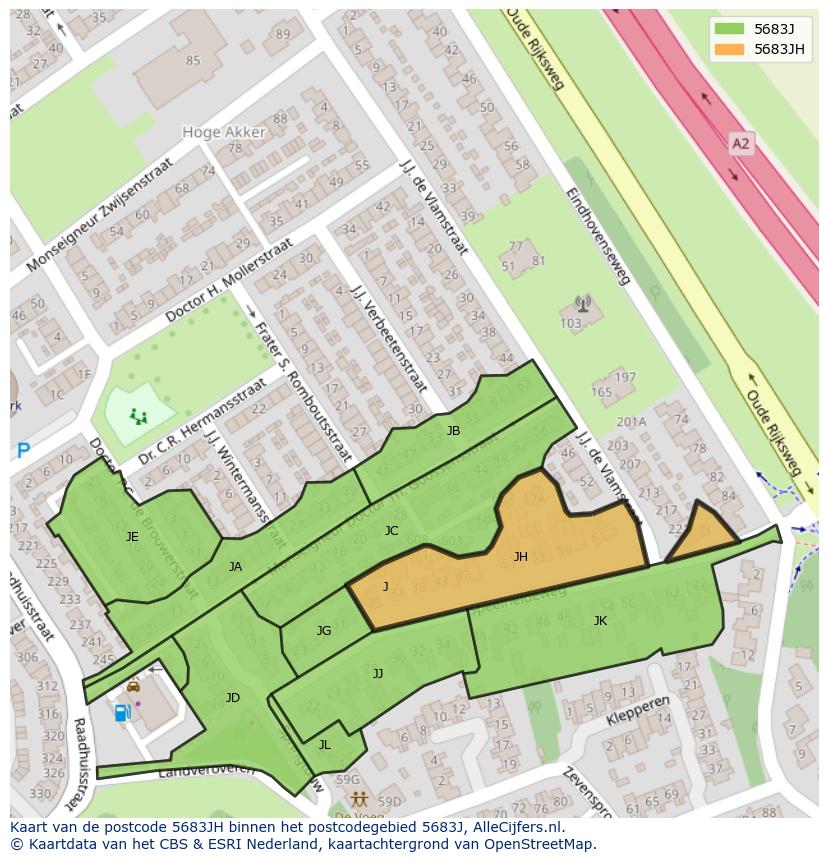 Afbeelding van het postcodegebied 5683 JH op de kaart.