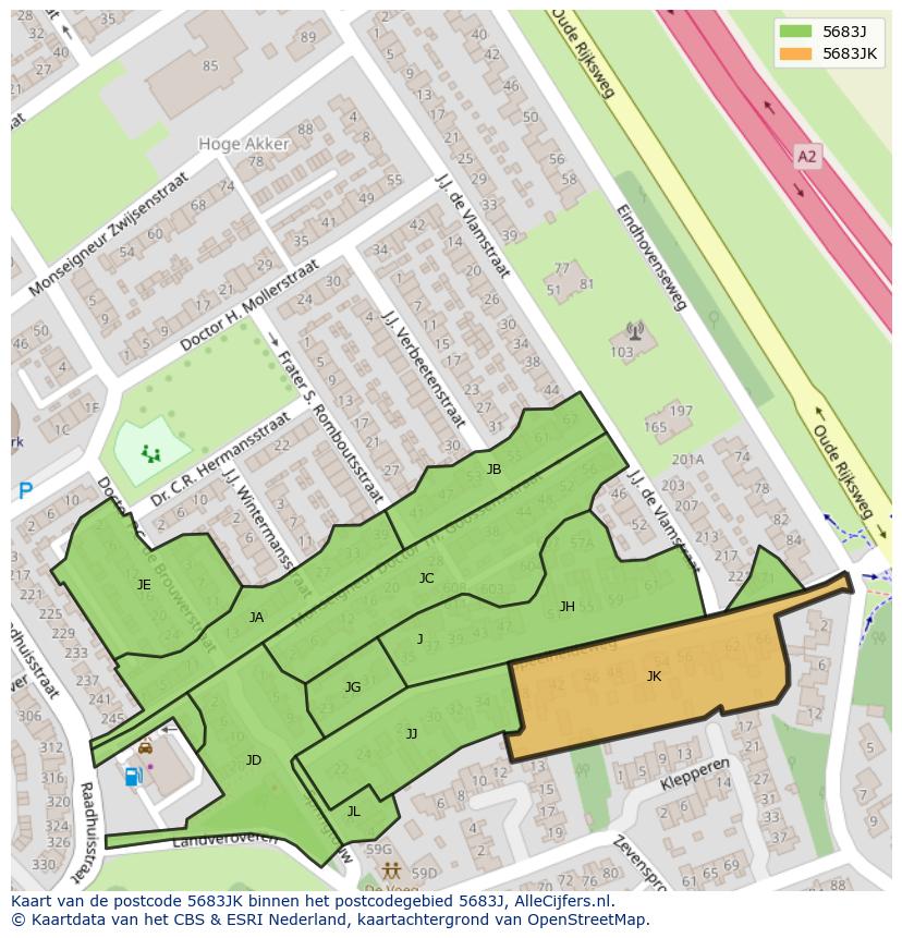 Afbeelding van het postcodegebied 5683 JK op de kaart.