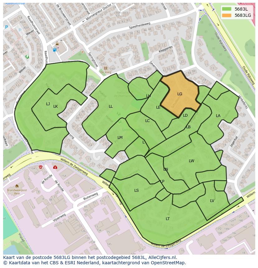 Afbeelding van het postcodegebied 5683 LG op de kaart.