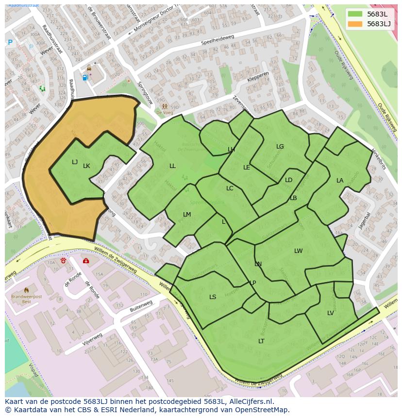 Afbeelding van het postcodegebied 5683 LJ op de kaart.