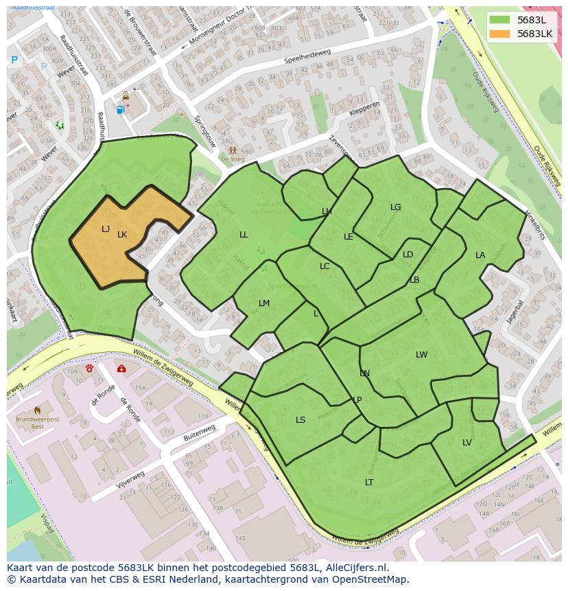 Afbeelding van het postcodegebied 5683 LK op de kaart.