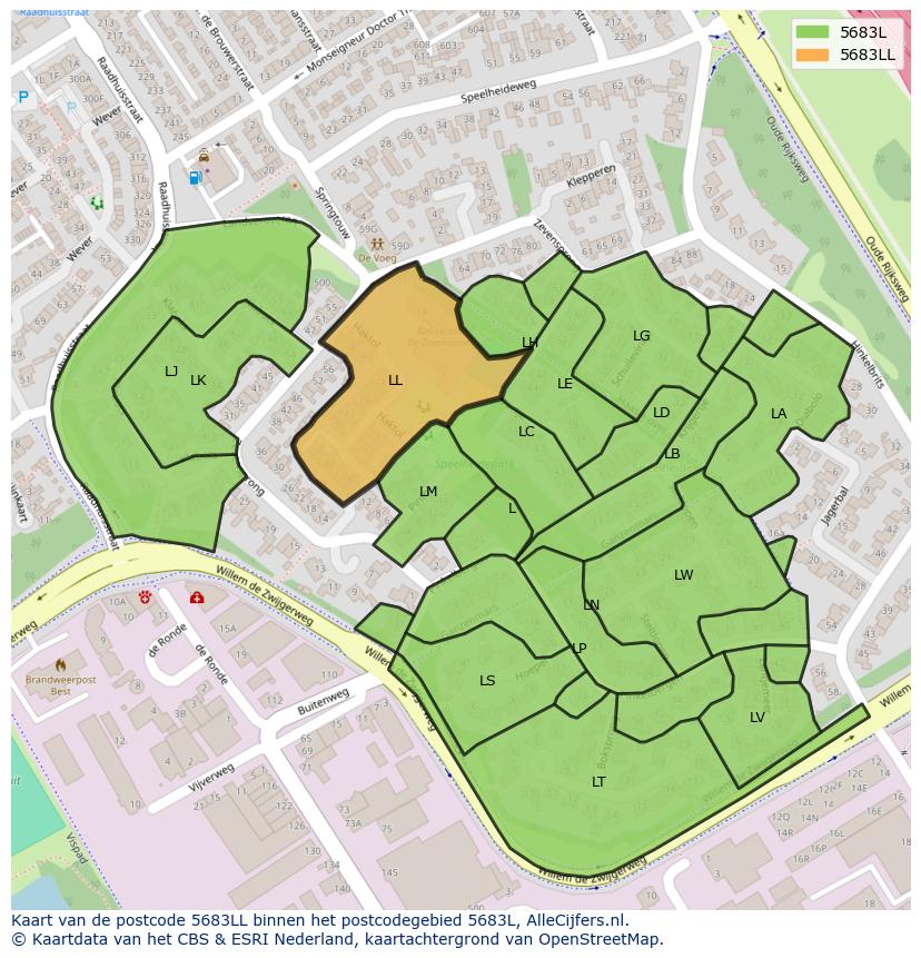 Afbeelding van het postcodegebied 5683 LL op de kaart.