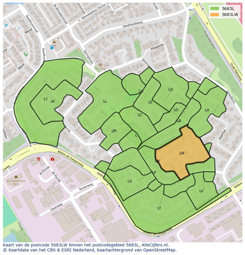 Afbeelding van het postcodegebied 5683 LW op de kaart.