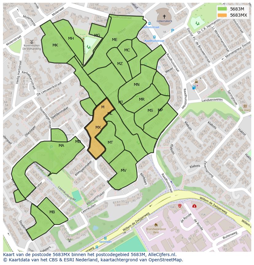 Afbeelding van het postcodegebied 5683 MX op de kaart.
