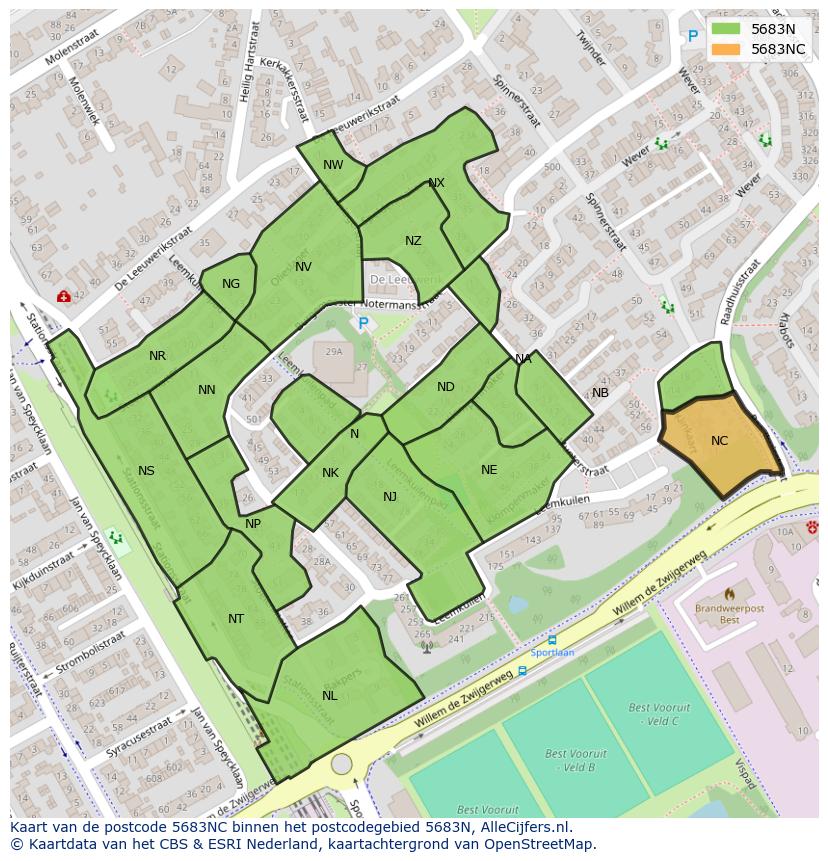 Afbeelding van het postcodegebied 5683 NC op de kaart.