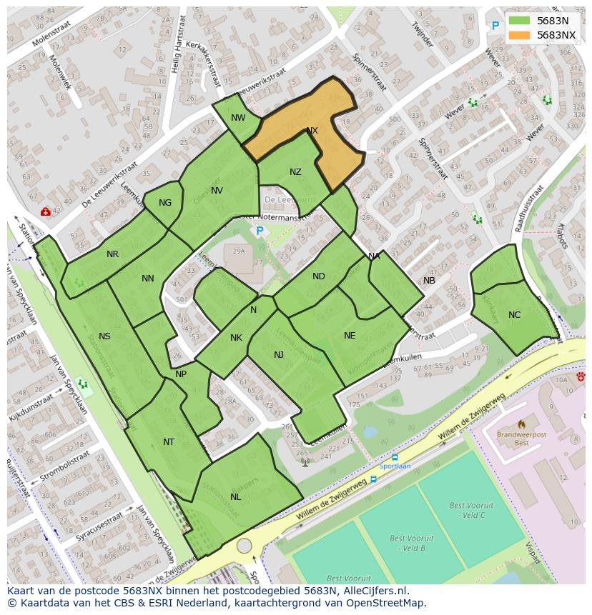 Afbeelding van het postcodegebied 5683 NX op de kaart.