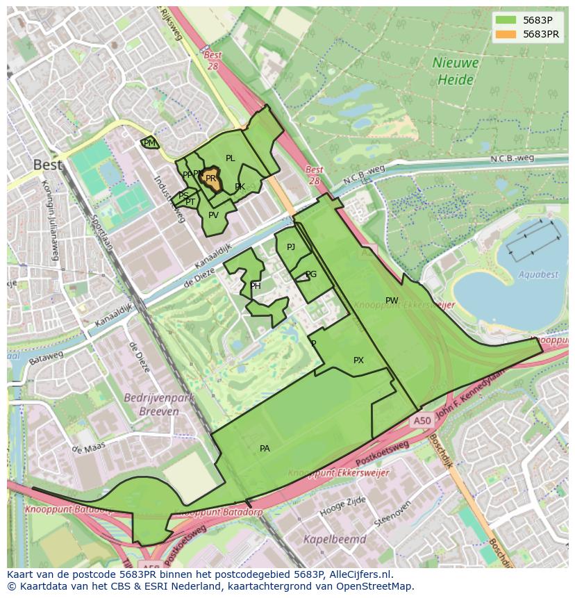 Afbeelding van het postcodegebied 5683 PR op de kaart.