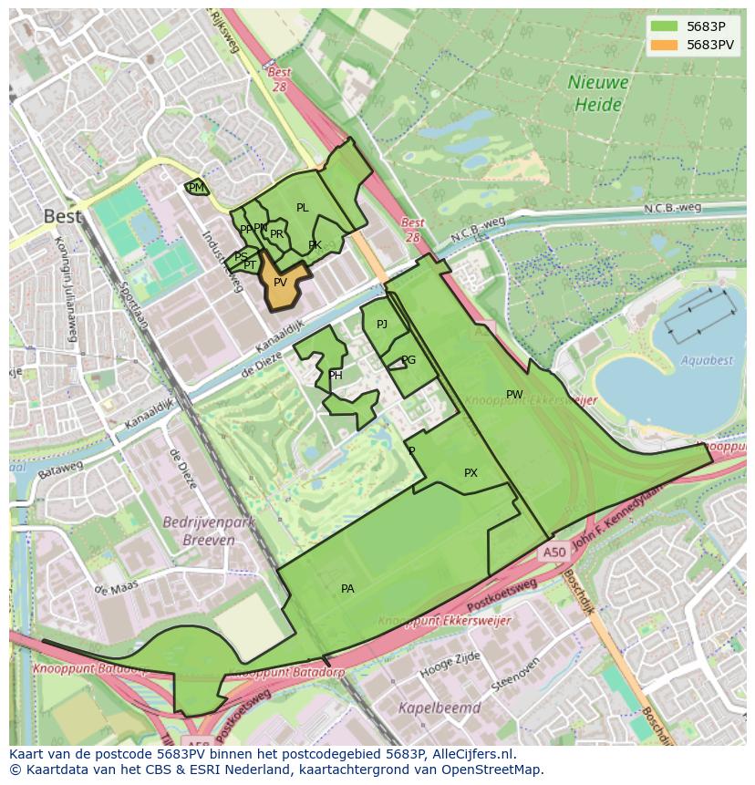 Afbeelding van het postcodegebied 5683 PV op de kaart.