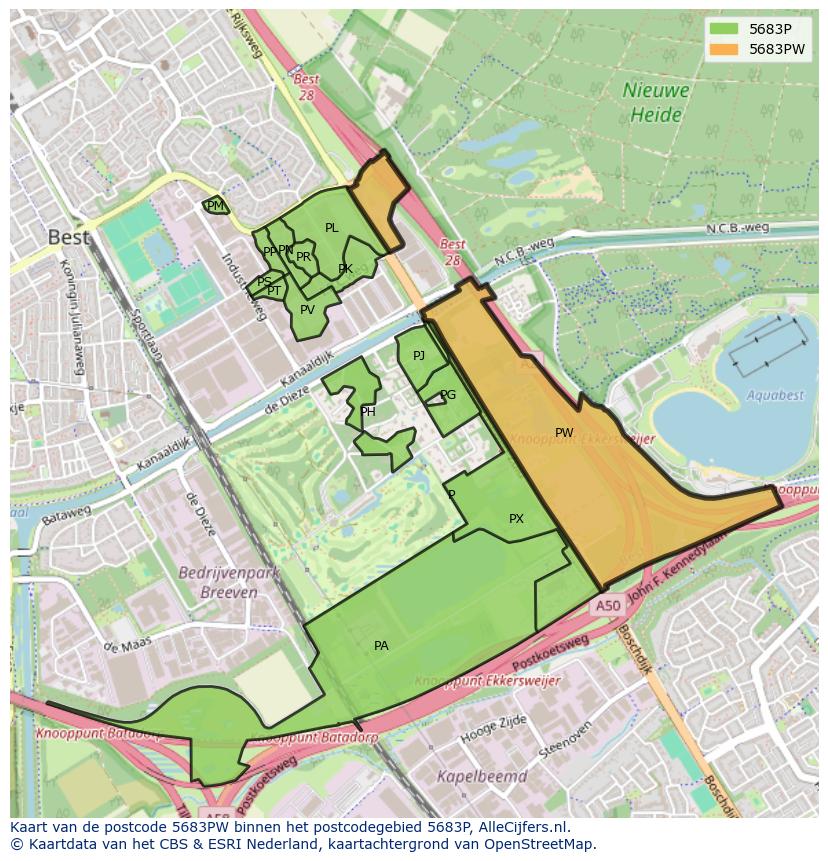Afbeelding van het postcodegebied 5683 PW op de kaart.