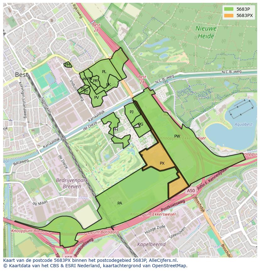 Afbeelding van het postcodegebied 5683 PX op de kaart.