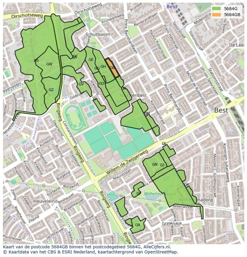 Afbeelding van het postcodegebied 5684 GB op de kaart.