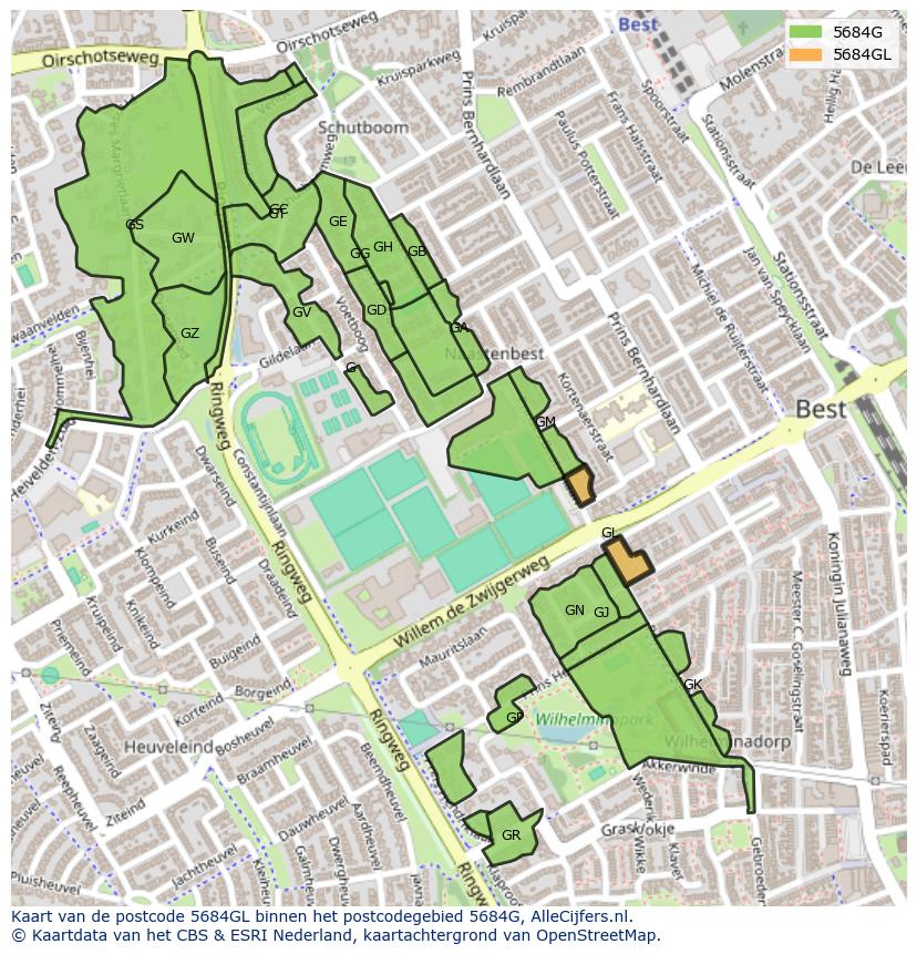 Afbeelding van het postcodegebied 5684 GL op de kaart.